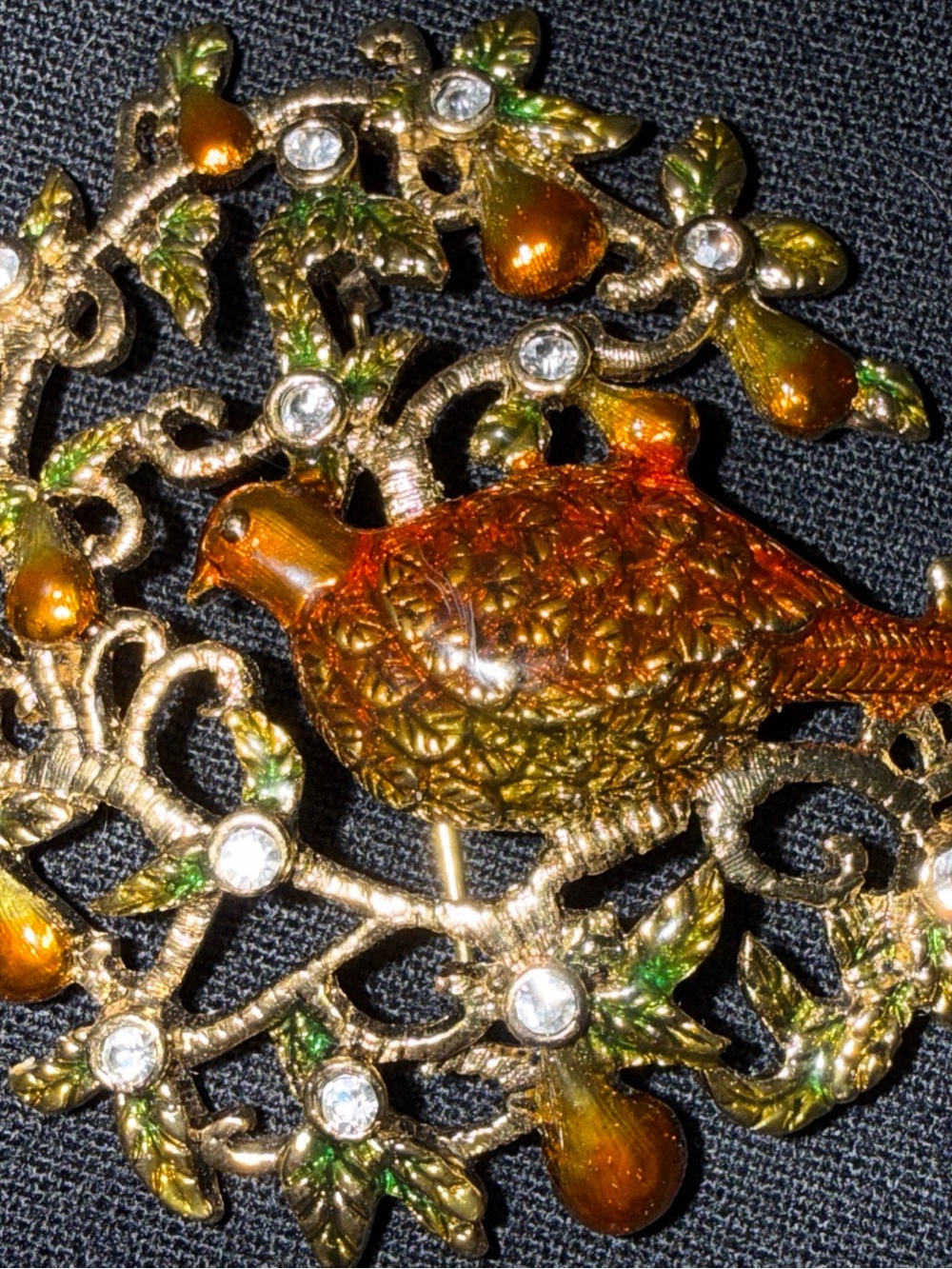 Monet brooch Bird in a Pear tree stones enamel vintage Christmas pin signed